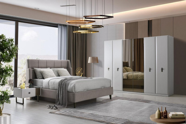 Blanco juego de dormitorio, cama de dormitorio de diseñador, armario, cómoda.