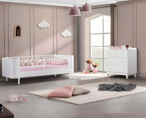 Habitación juvenil moderna infantil blanco conjunto de lujo cama armario cómoda.