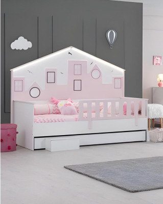 Cama infantil Armario rosado Habitación juvenil Muebles de dormitorio infantil Set de 2 piezas de madera