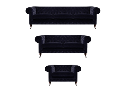 Muebles tapizados, sillones, juego de sofás de tres plazas con sofás de dos plazas Chesterfield.