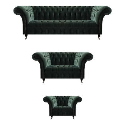 Sofá de 3 piezas tapizado con un sofá de tres plazas y dos sofás de dos plazas Chesterfield.