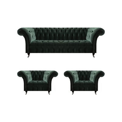 Sala de estar de lujo completa Sofá negro de tres plazas textil 2 sillones Chesterfield