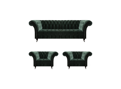 Sala de estar de lujo completa Sofá negro de tres plazas textil 2 sillones Chesterfield