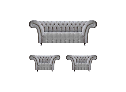 Juego de sofá gris de 3 piezas, 2 sillones tapizados y un sofá Chesterfield de tres plazas.