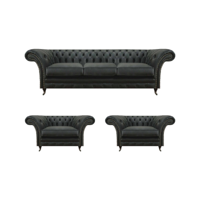 Juego de sala de estar de lujo en negro 3 piezas Chesterfield 2 sillones sofá de tres plazas.