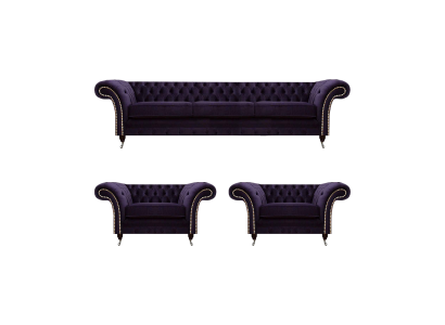 Conjunto de lujo para sala de estar de 3 piezas, mobiliario completo púrpura tipo Chesterfield.