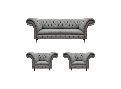 Conjunto de sala 3 piezas sofás Chesterfield gris textil muebles tapizados 2 sillones.