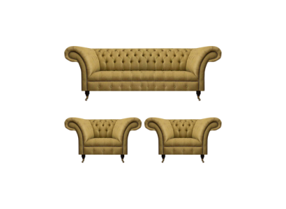 Juego de sala amarillo completo con 2 sillones, sofá Chesterfield de tres plazas y sofá.