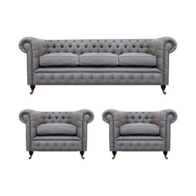 Grau Chesterfield juego de muebles de lujo para sala de estar de 3 piezas, sofás en tela y sillón.