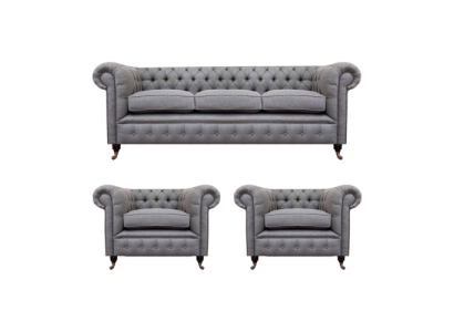 Grau Chesterfield juego de muebles de lujo para sala de estar de 3 piezas, sofás en tela y sillón.