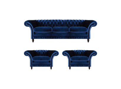 Sofá de lujo azul completo de 3 piezas en tela de textil Chesterfield.