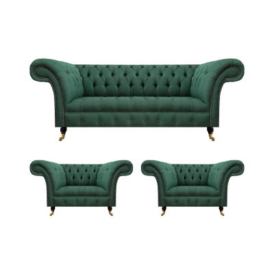 Conjunto completo de salón de 3 piezas, 2 sillones con sofá de tres plazas Chesterfield.