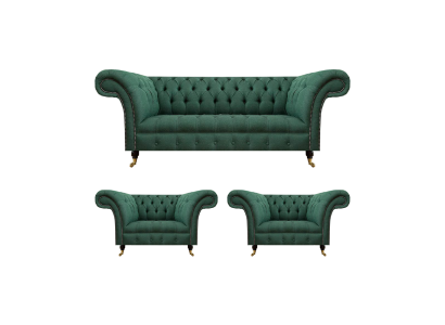 Conjunto completo de salón de 3 piezas, 2 sillones con sofá de tres plazas Chesterfield.