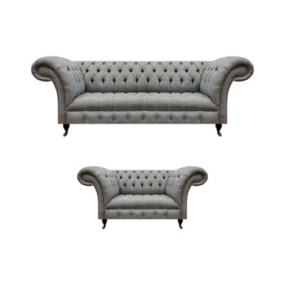 Sofá de tres plazas completo Chesterfield gris con sillón de lujo nuevo