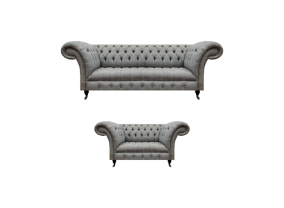 Sofá de tres plazas completo Chesterfield gris con sillón de lujo nuevo