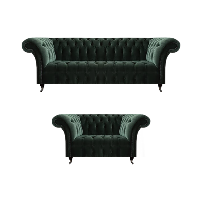 Sofás de lujo de tres plazas con dos plazas, conjunto de muebles tapizados Chesterfield.