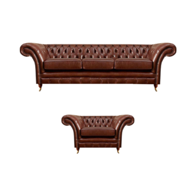 Conjunto marrón de 2 piezas, sofá de tres plazas de cuero Chesterfield para sala de estar.