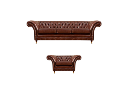 Conjunto marrón de 2 piezas, sofá de tres plazas de cuero Chesterfield para sala de estar.