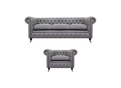 Grupo de sofás, sofá tapizado en diseño Chesterfield, conjunto de sofá de tres plazas y sillón.