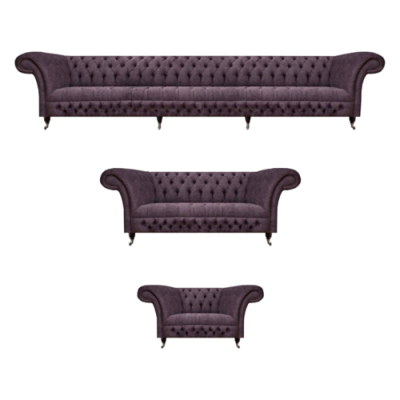 Set de sofá de diseño de lujo 3 piezas Chesterfield lila para sala de estar.
