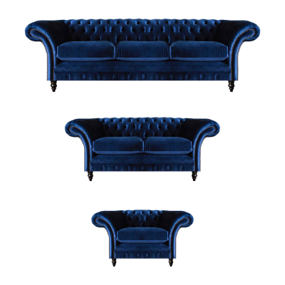 Lujo Diseño Nuevo juego de sala azul, set de sofás de 3 piezas, amueblado Chesterfield.