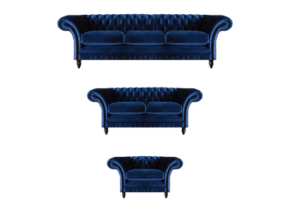 Lujo Diseño Nuevo juego de sala azul, set de sofás de 3 piezas, amueblado Chesterfield.