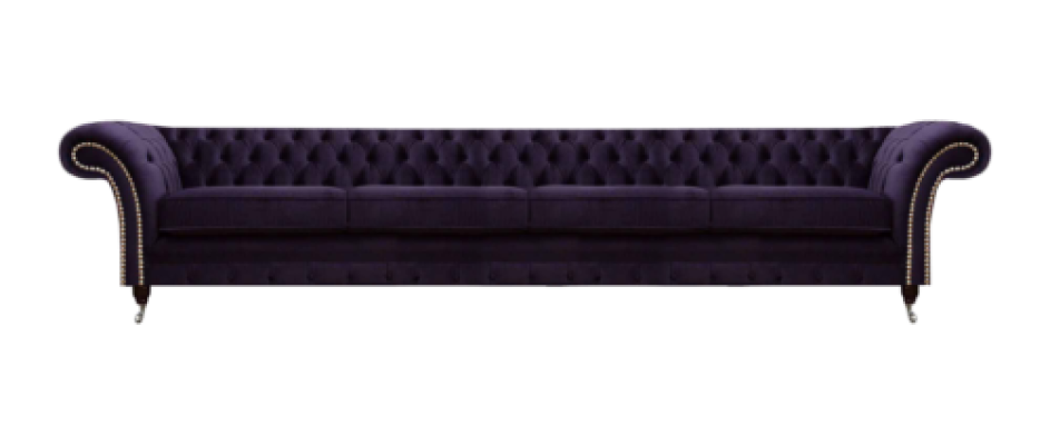 Textil de tapicería Lila Sofá Chesterfield de cuatro plazas para la sala de estar.