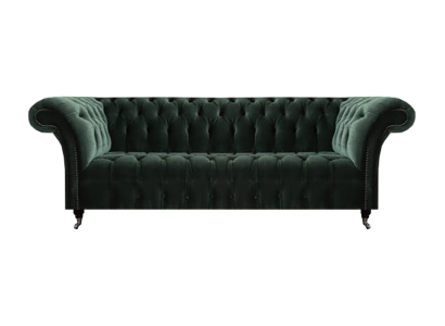 Sofá de tres plazas para salón tapizado en tela estilo Chesterfield.