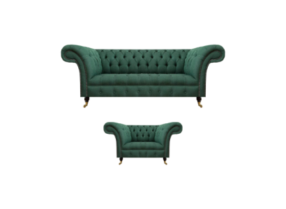 Sala de estar de lujo completa, sofá de tres plazas verde, sillón Chesterfield nuevo conjunto