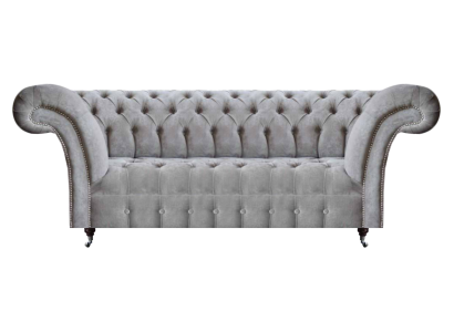 Sofá de tres plazas para la sala de estar moderna con tapicería gris estilo Chesterfield.