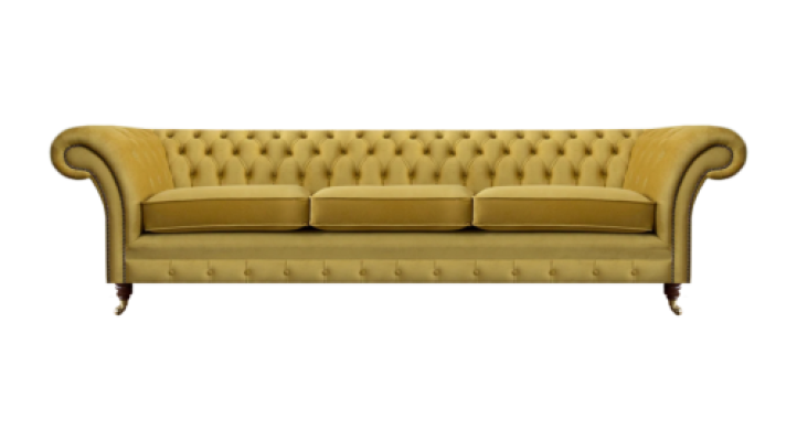 Sofá Chesterfield de lujo nuevo de tres plazas, mueble tapizado moderno amarillo de tela.