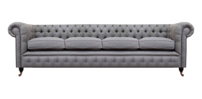 Chesterfield sofá de cuatro plazas en gris, nuevo, diseño de salón, tela.