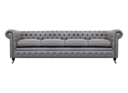Chesterfield sofá de cuatro plazas en gris, nuevo, diseño de salón, tela.