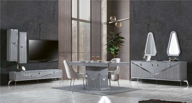 Conjunto de comedor moderno gris 4 sillas espejo aparador estante 9 piezas