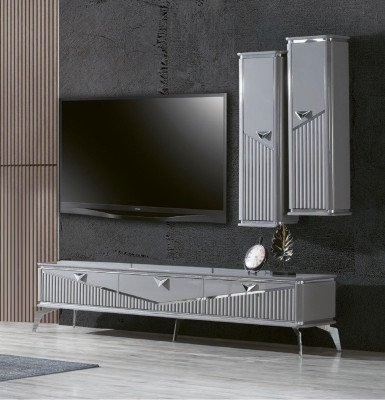 Conjunto de comedor moderno gris 4 sillas espejo aparador estante 9 piezas