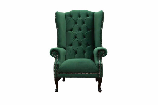 Sillón de orejas verde, diseño de sofá acolchado Chesterfield en tela para la sala de estar.
