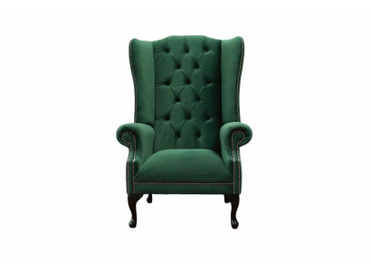 Sillón de orejas verde, diseño de sofá acolchado Chesterfield en tela para la sala de estar.