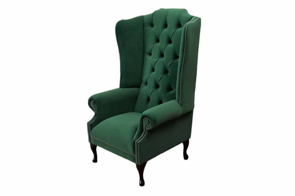 Sillón de orejas verde, diseño de sofá acolchado Chesterfield en tela para la sala de estar.