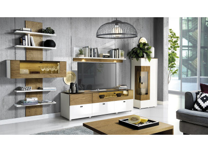 Conjunto de muebles modernos para la sala de estar en estilo barroco: vitrinas, estantes y armarios.