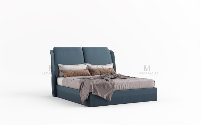 Diseño de cama de dormitorio de lujo con muebles de cama tapizados en azul para hotel doble nuevo.