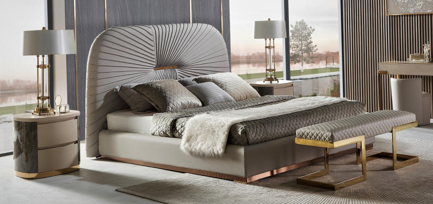Cama de diseñador Dormitorio Cama Textil Hotel Lujo Tapizado Asiento Tela Italia
