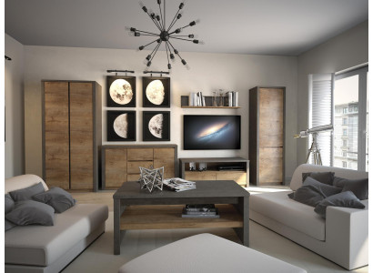 Conjunto de sala de estar con vitrina, mueble bajo, estante de pared, mesa de televisión. Juego de 6 piezas. Nuevo.