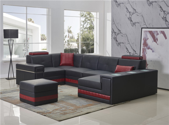Sofá de esquina Sofá conjunto de salón en forma de U Sofá tapizado Sofá de cuero + Reposapiés