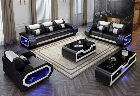 Sofá en forma de L + mesa de centro + aparador de diseño