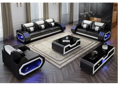 Sofá en forma de L + mesa de centro + aparador de diseño