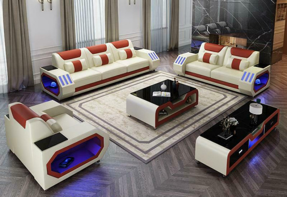 Sofá en forma de L + mesa de centro + aparador de diseño