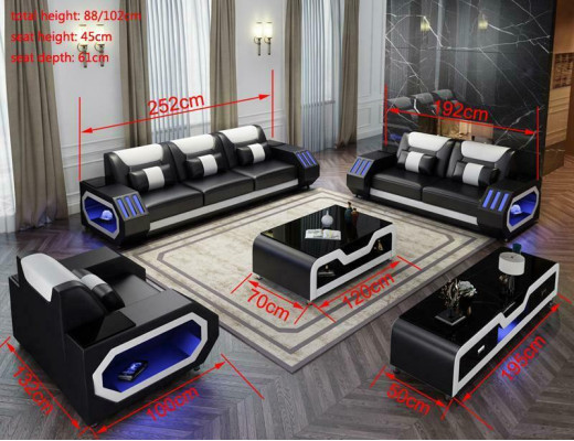 Sofá en forma de L + mesa de centro + aparador de diseño