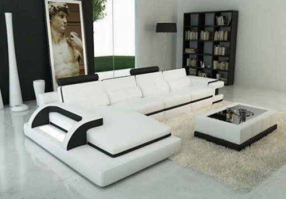 Sofá de esquina en forma de L, sofá, diseño gris, tapizado, cuero, moderno, iluminado.