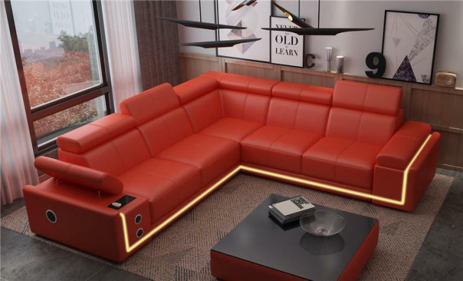 Sofá de esquina de cuero iluminado en forma de L con sistema de sonido y luces LED moderno.