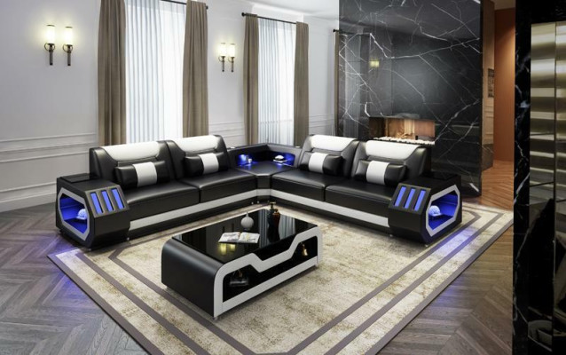 Sofá esquinero de cuero para sala de estar con asientos acolchados y luces LED.